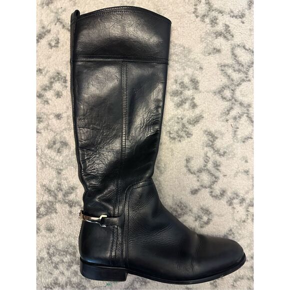 Tory Burch Black Leather Jess Riding Boots Gold Tone Heel Stirrup 7.5 - Picture 4 of 11